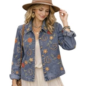 Parisian Works Vintage Denim Embroidered Shirt Jacket Grandma  Farmcore Petite L